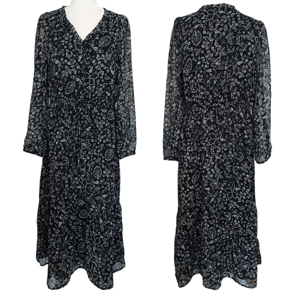 LOFT NWT Floral Clip V-Neck Midi Dress Black White Boho Elegant Romantic